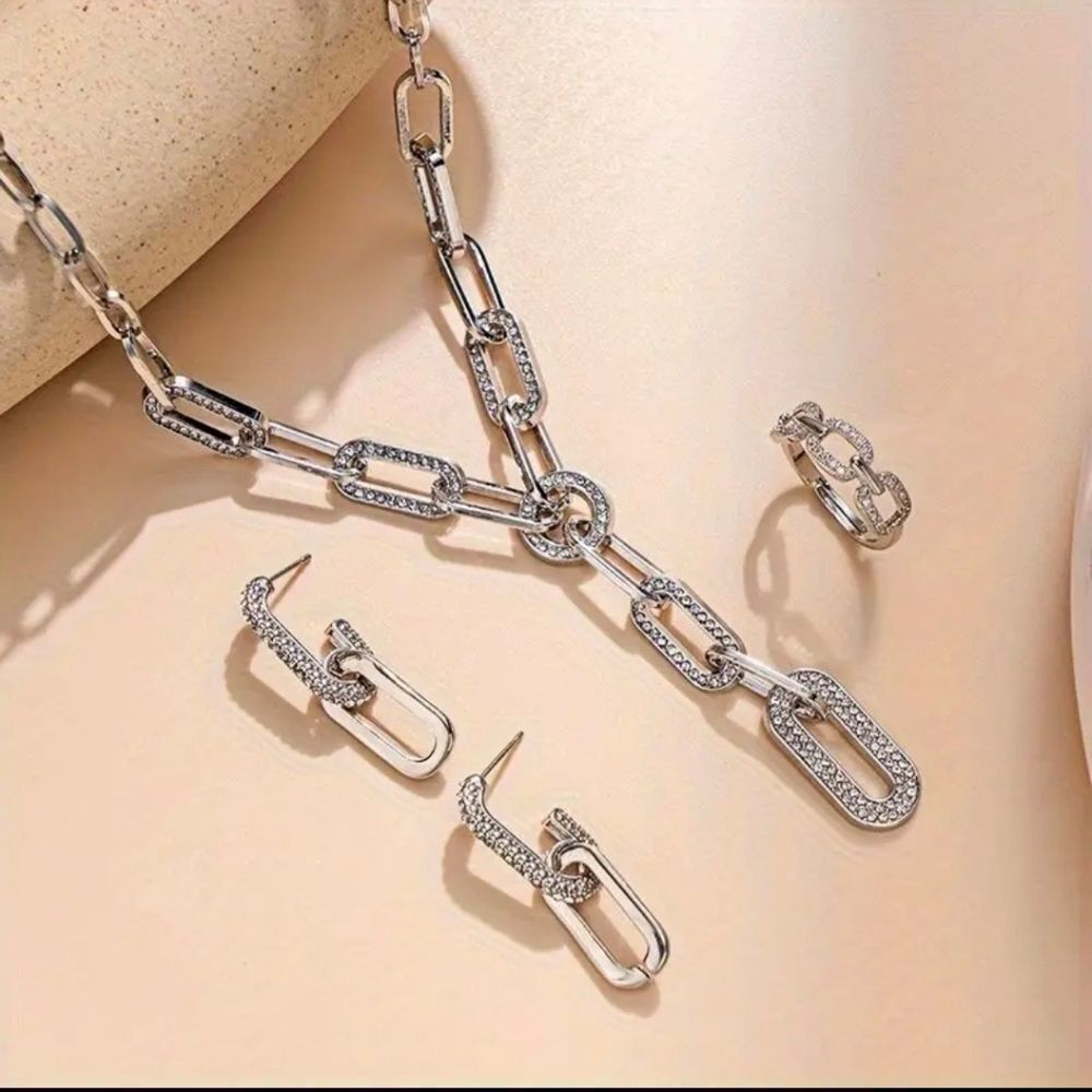 14K Gold Plated Rhinestone Links Lariat Earrings & Ring Set